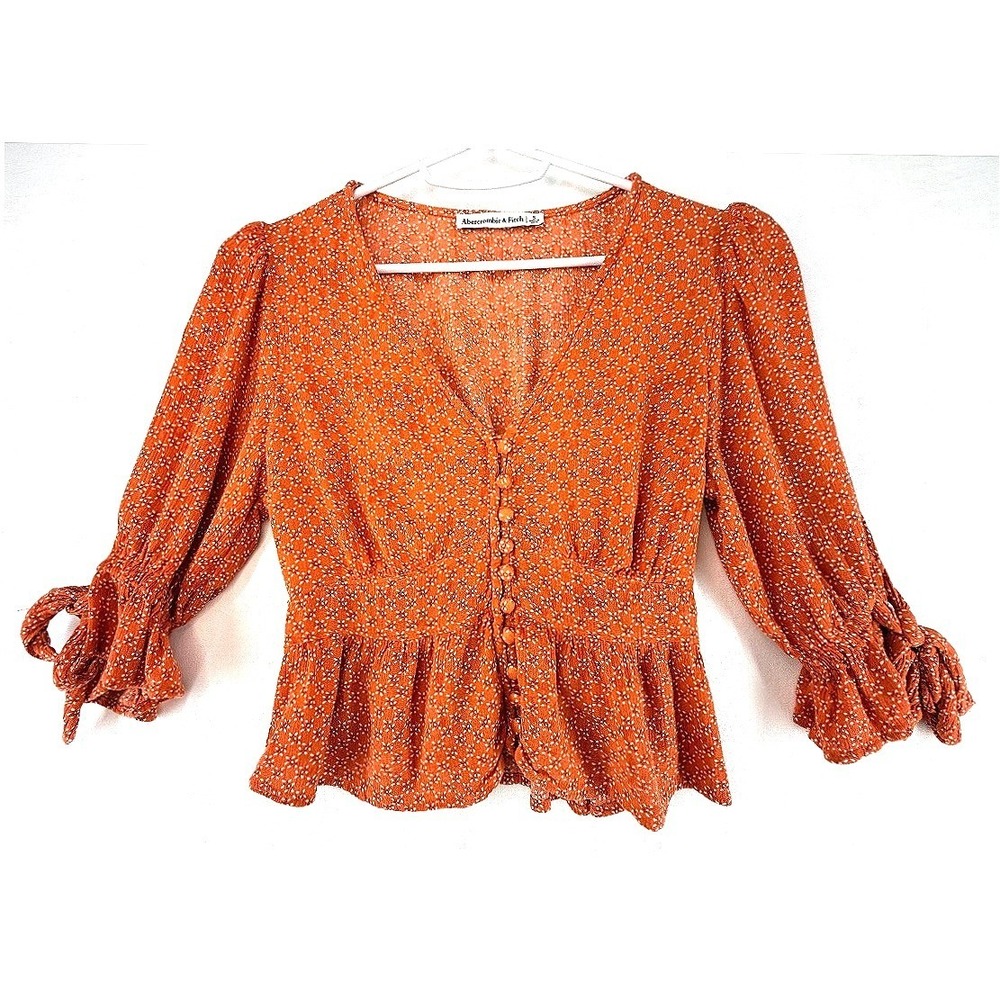 Abercrombie & Fitch Rust Ditsy Floral Print Peplum Top S Tie Cuff Pumpkin Spice